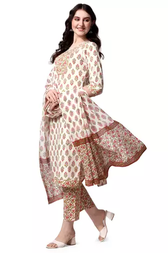 White Crimson Cotton Printed Kurta With Pant And Dupatta