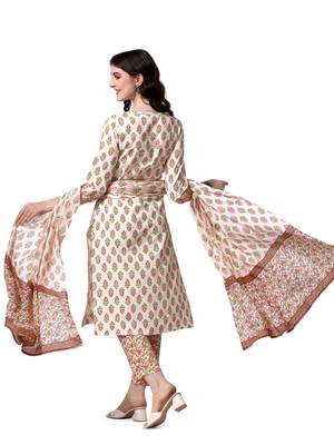 White Crimson Cotton Printed Kurta With Pant And Dupatta 3