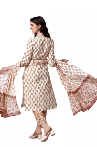 White Crimson Cotton Printed Kurta With Pant And Dupatta