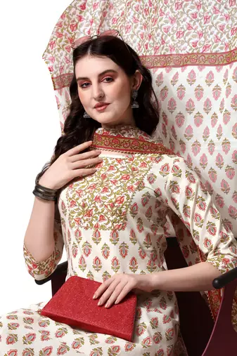 White Crimson Cotton Printed Kurta With Pant And Dupatta