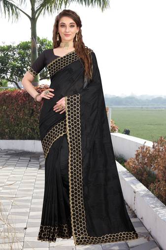 Black Resham Embroidery Stone Border Silk Saree