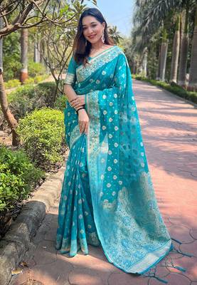 Blue Organza Floral Dual Zari Woven Saree With Unstitched Blouse 1