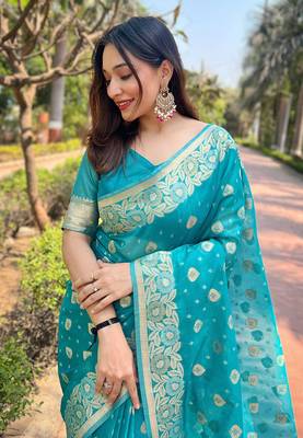 Blue Organza Floral Dual Zari Woven Saree With Unstitched Blouse 2