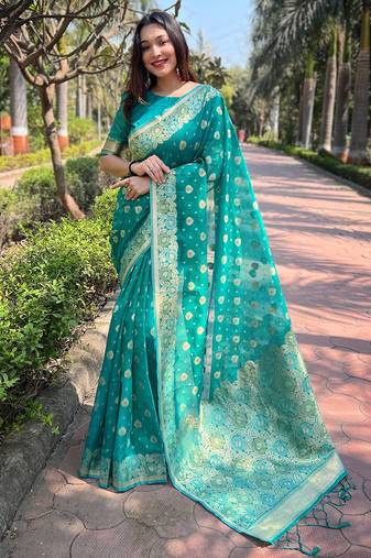 Bluish Green Organza Floral Dual Zari Woven Saree With Unstitched Blouse