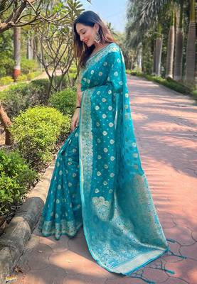 Blue Organza Floral Dual Zari Woven Saree With Unstitched Blouse 3