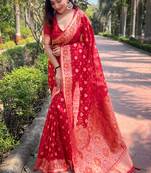 Red Organza Floral Dual Zari Woven Saree With Unstitched Blouse