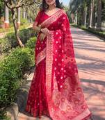 Pink Organza Floral Dual Zari Woven Saree With Unstitched Blouse