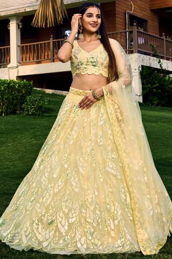 Excellent Yellow Sequins Net Haldi Wear Lehenga Choli With Dupatta