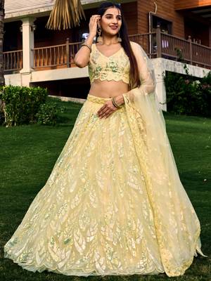 excellent yellow sequins net haldi lehenga set choli with dupatta with dupatta 1