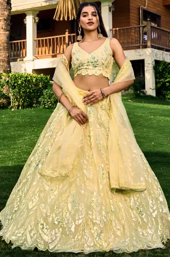 excellent yellow sequins net haldi lehenga set choli with dupatta with dupatta