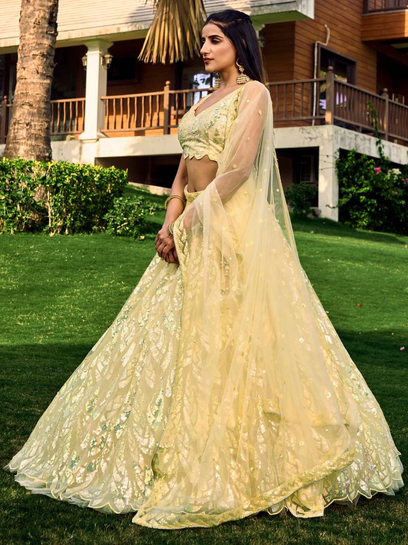 Excellent Yellow Sequins Net Haldi Wear Lehenga Choli With Dupatta