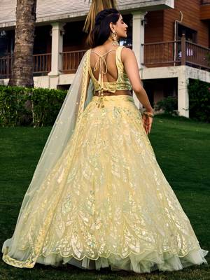 excellent yellow sequins net haldi lehenga set choli with dupatta with dupatta 5