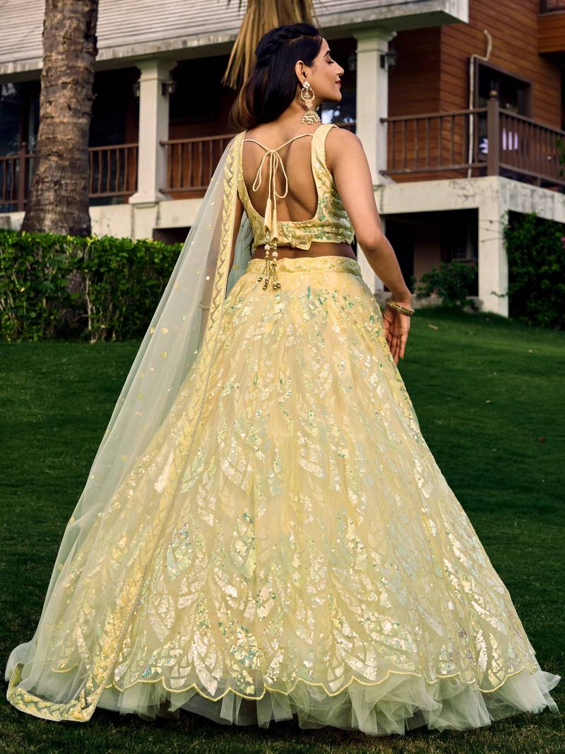 Excellent Yellow Sequins Net Haldi Wear Lehenga Choli With Dupatta