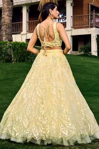 excellent yellow sequins net haldi lehenga set choli with dupatta with dupatta