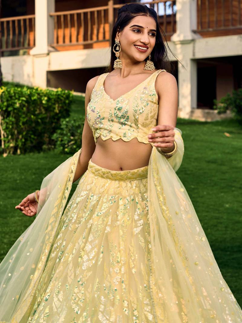 Excellent Yellow Sequins Net Haldi Wear Lehenga Choli With Dupatta