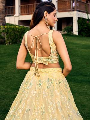 excellent yellow sequins net haldi lehenga set choli with dupatta with dupatta 9