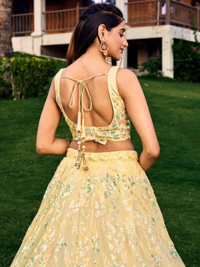 Excellent Yellow Sequins Net Haldi Wear Lehenga Choli With Dupatta