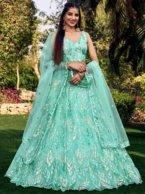 turquoise sequins net lehenga set choli with dupatta 1