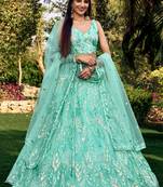 turquoise sequins net lehenga set choli with dupatta