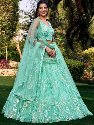 turquoise sequins net lehenga set choli with dupatta 2