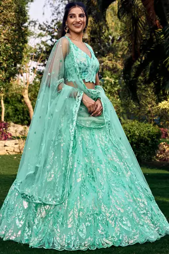 turquoise sequins net lehenga set choli with dupatta