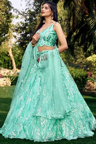 turquoise sequins net lehenga set choli with dupatta