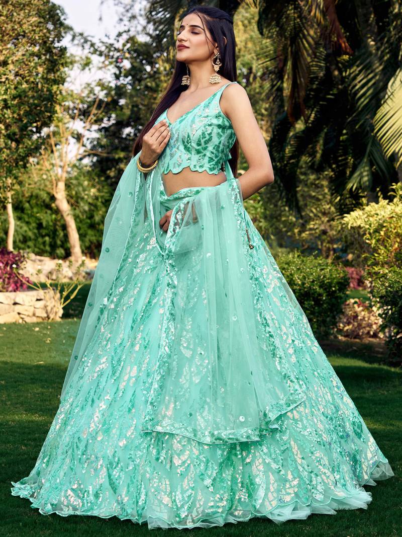 Wonderful Turquoise Sequins Net Reception Wear Lehenga Choli