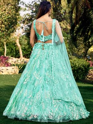 turquoise sequins net lehenga set choli with dupatta 4