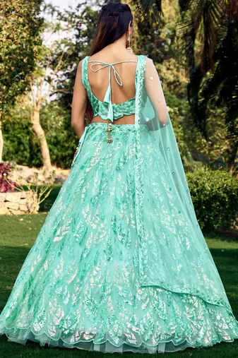 turquoise sequins net lehenga set choli with dupatta