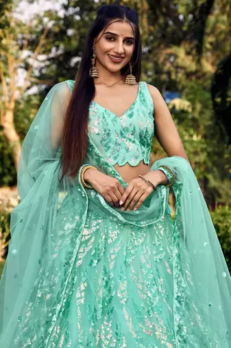 turquoise sequins net lehenga set choli with dupatta