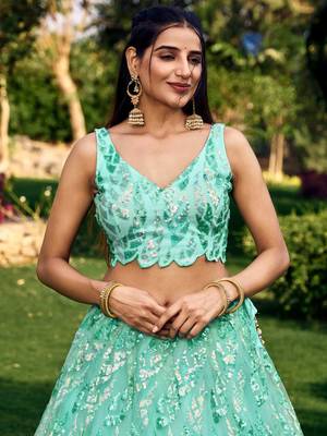 turquoise sequins net lehenga set choli with dupatta 6