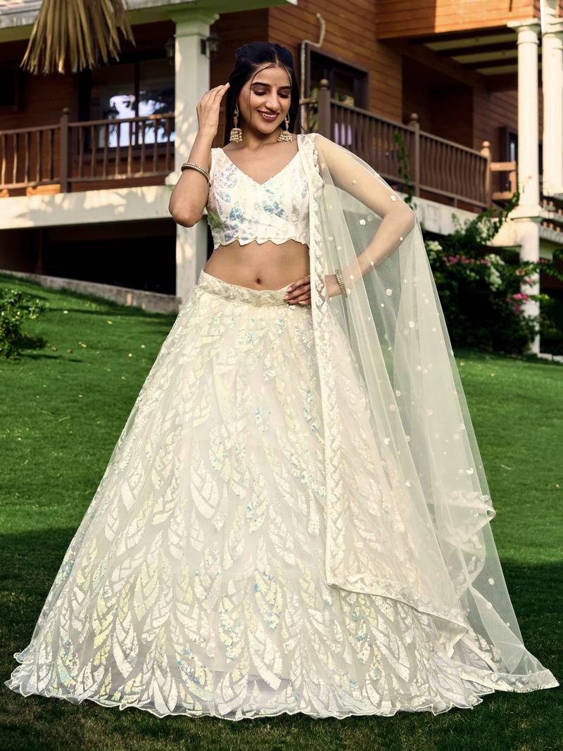 Fabulous Off-White Sequins Net Traditional Lehenga Choli With Dupatta