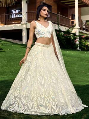  off white sequins net traditional lehenga set choli with dupatta with dupatta 3