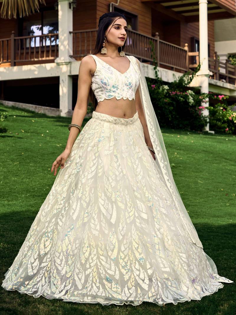 Fabulous Off-White Sequins Net Traditional Lehenga Choli With Dupatta