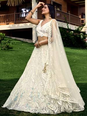  off white sequins net traditional lehenga set choli with dupatta with dupatta 4