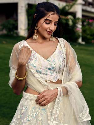  off white sequins net traditional lehenga set choli with dupatta with dupatta 6