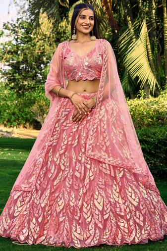 Awesome Pink Sequins Net Bridesmaid Lehenga Choli With Dupatta