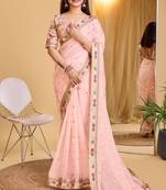 Pink Ethnic Embroidered Partywear Organza Saree