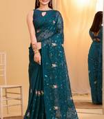 Bollywood Style Teal Blue Ethnic Sequins Work Designer Partywear Saree