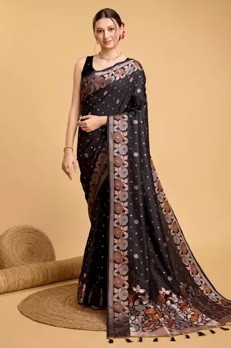 Black colour classical looks woven designer silk partywear saree