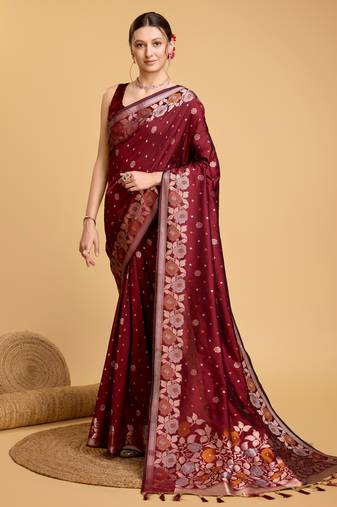 Maroon Classical Looks Woven Designer Silk Partywear Saree