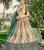 Captivating White & Green Digital Printed Chinon Lehenga Choli
