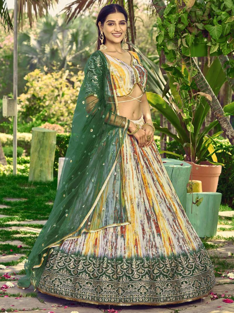 Captivating White & Green Digital Printed Chinon Lehenga Choli