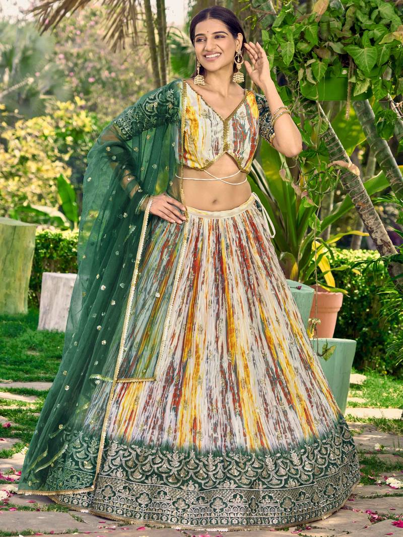 Captivating White & Green Digital Printed Chinon Lehenga Choli