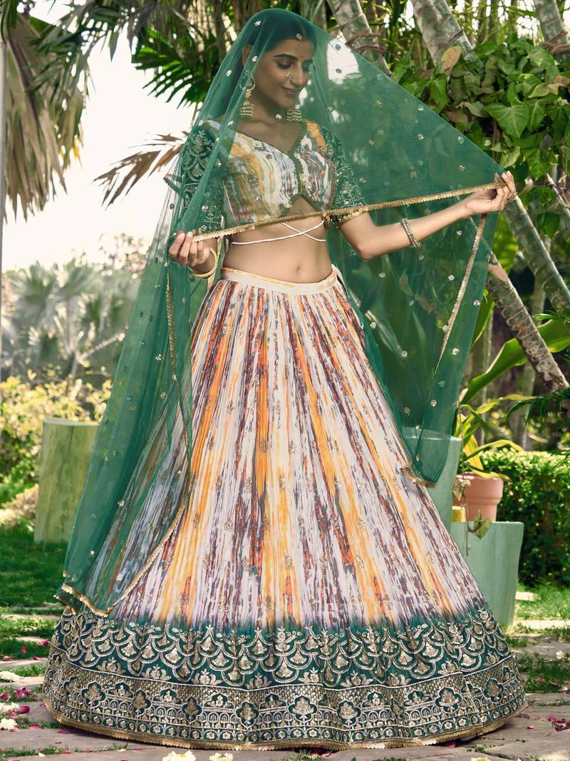 Captivating White & Green Digital Printed Chinon Lehenga Choli