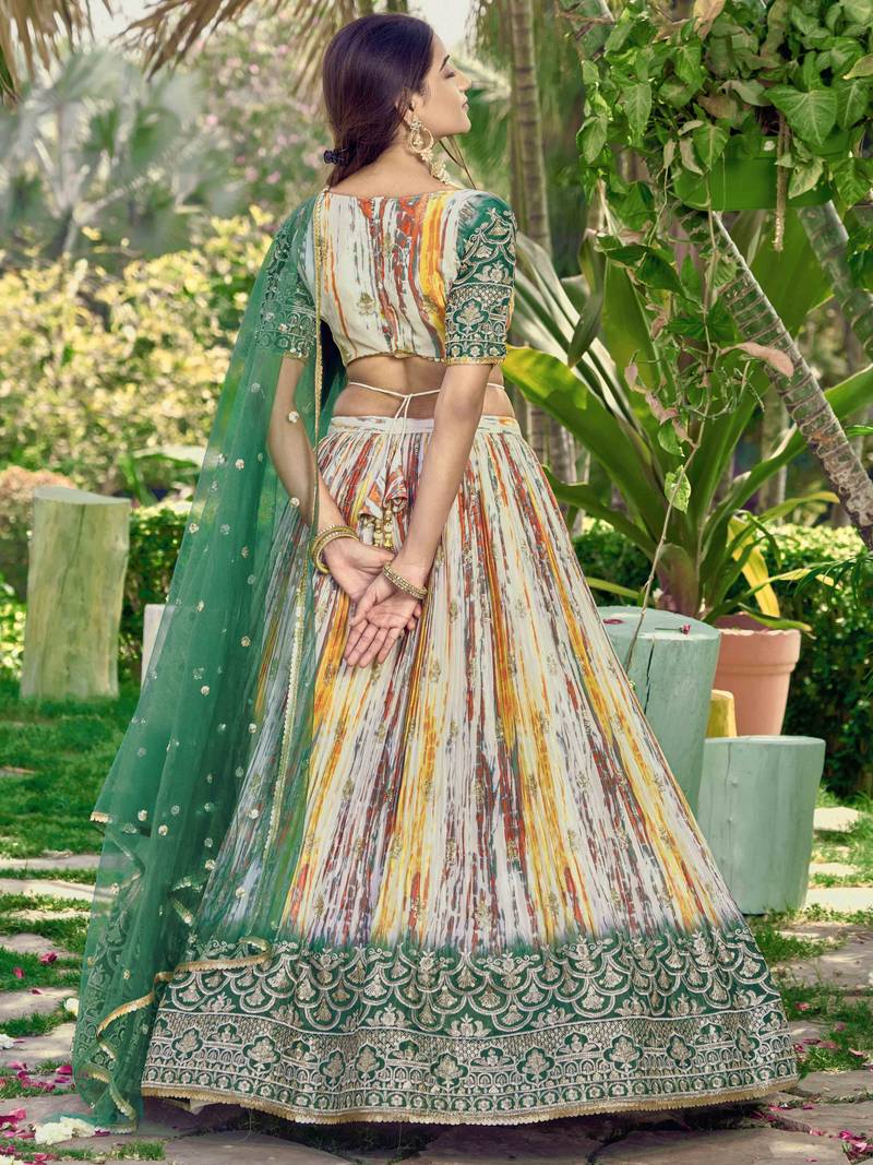 Captivating White & Green Digital Printed Chinon Lehenga Choli