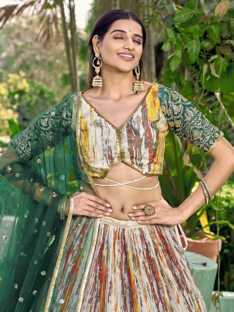 Captivating White & Green Digital Printed Chinon Lehenga Choli