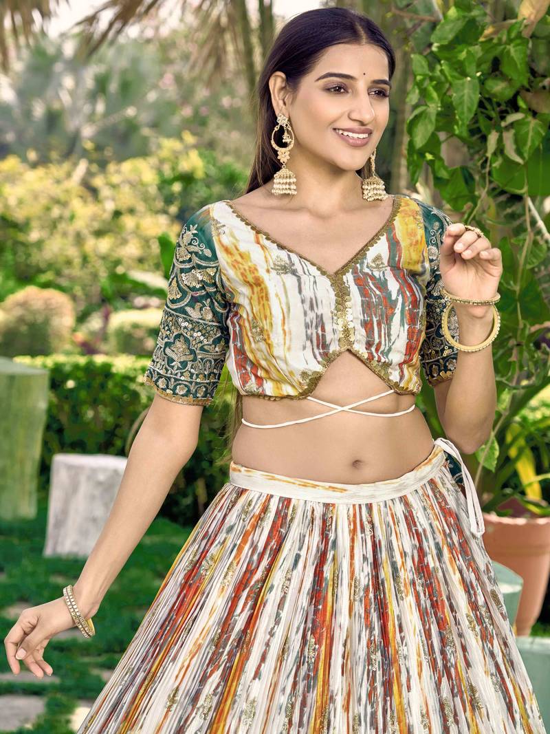 Captivating White & Green Digital Printed Chinon Lehenga Choli