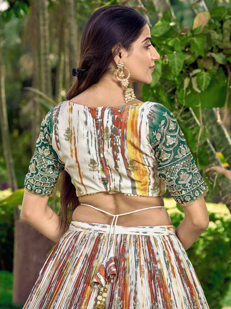 Captivating White & Green Digital Printed Chinon Lehenga Choli