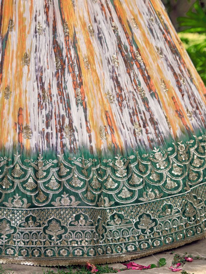 Captivating White & Green Digital Printed Chinon Lehenga Choli
